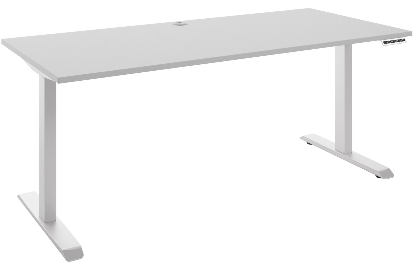 Manjana E-Schreibtisch 2-motorig OHIO Moderner weißer E-Schreibtisch mit rechteckiger Tischplatte und zwei stabilen T-Füßen, seitliche Perspektive