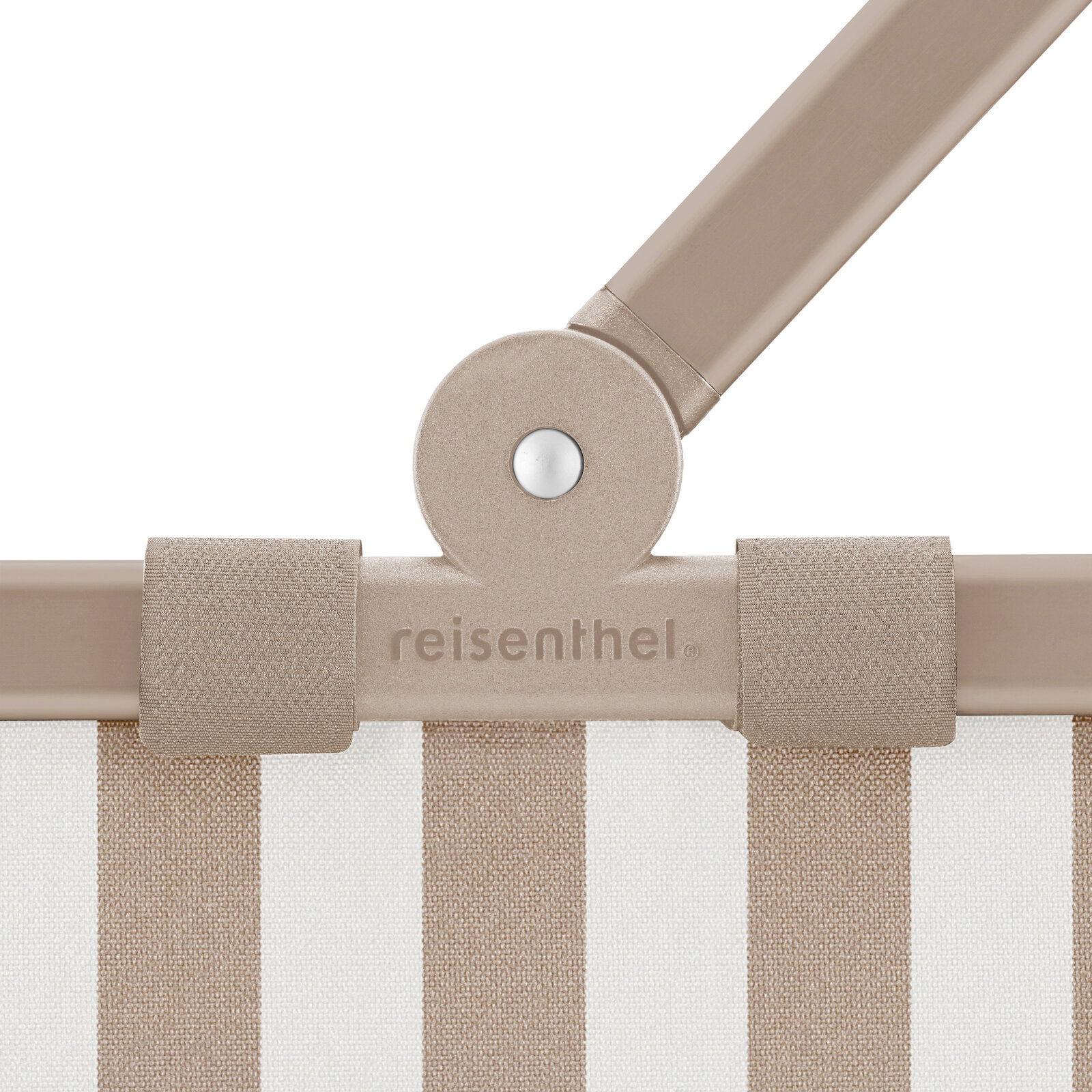 Detailaufnahme von oben auf den Griff- und Scharnierbereich einer reisenthel Tasche/Korb in Beige mit weiß-beigen Streifen und Klettschlaufen.