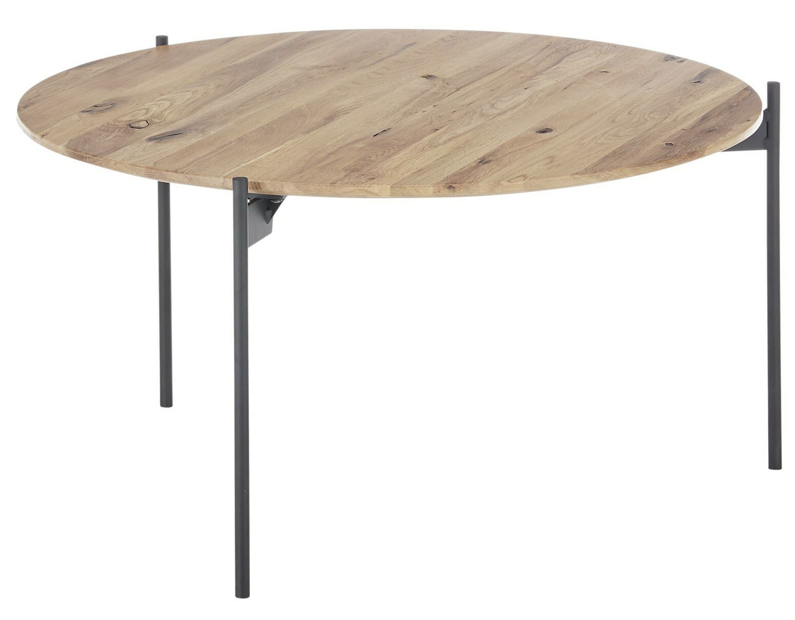 Runder Couchtisch mit Holzplatte und schlanken Metallbeinen, seitliche Perspektive