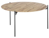Runder Couchtisch mit Holzplatte und schlanken Metallbeinen, seitliche Perspektive