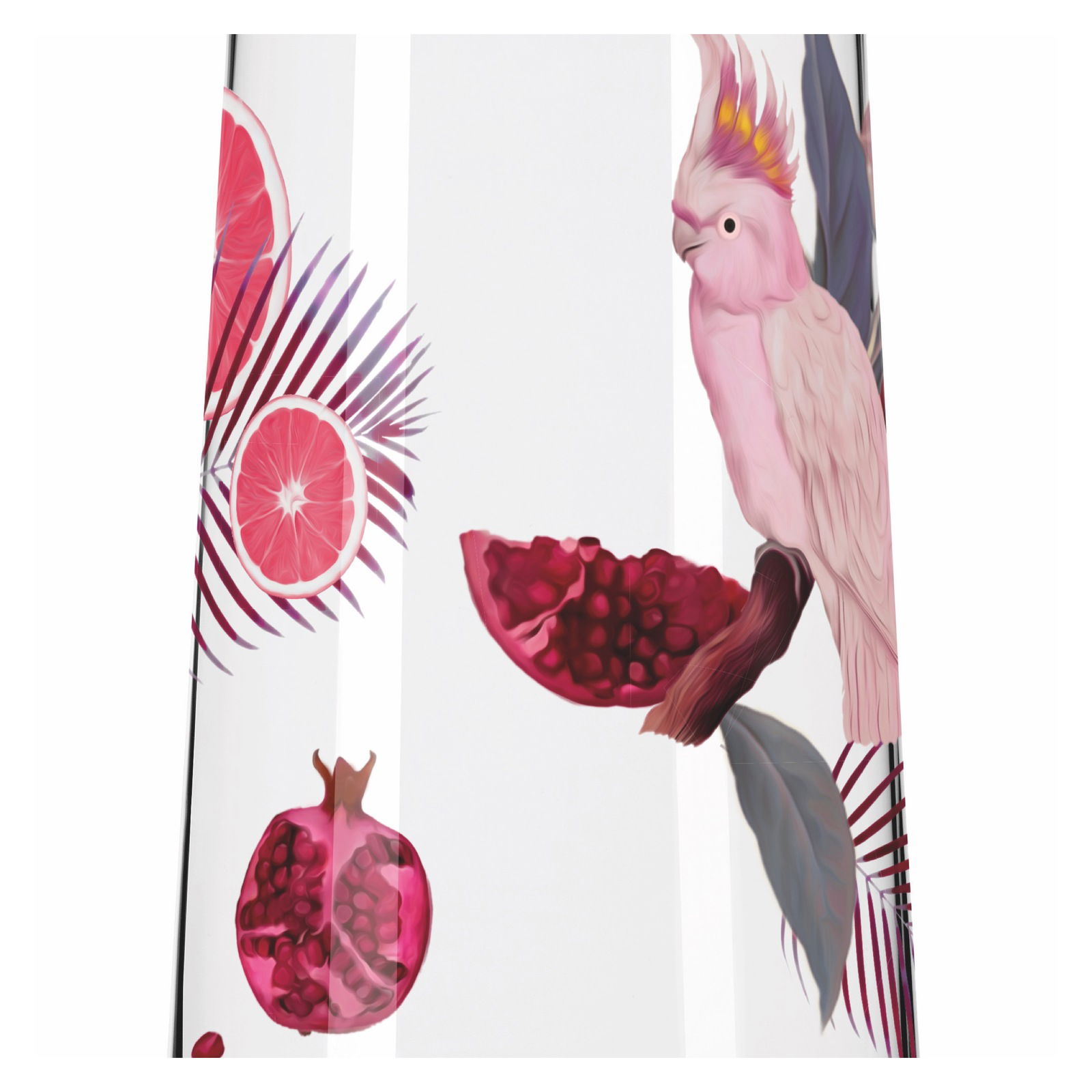 Illustration eines rosa Kakadus auf einem Ast mit aufgeschnittenem Granatapfel und Grapefruit, umgeben von tropischen Blättern. Seitenansicht.