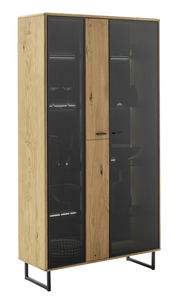 Vitrine aus Holz mit Glastüren, seitliche Perspektive