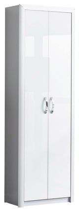 Weißer Garderobenschrank mit zwei Türen und silbernen Griffen, seitliche Perspektive