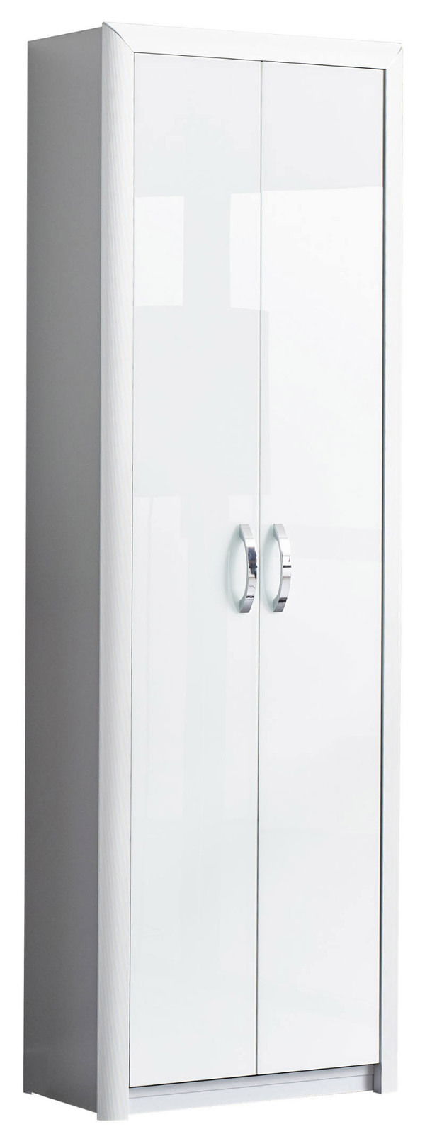 Weißer Garderobenschrank mit zwei Türen und silbernen Griffen, seitliche Perspektive