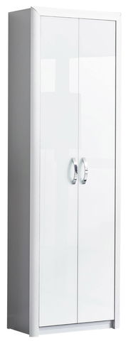 Weißer Garderobenschrank mit zwei Türen und silbernen Griffen, seitliche Perspektive