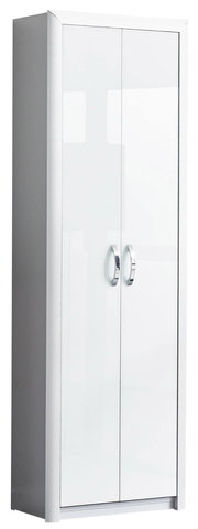 Weißer Garderobenschrank mit zwei Türen und silbernen Griffen, seitliche Perspektive