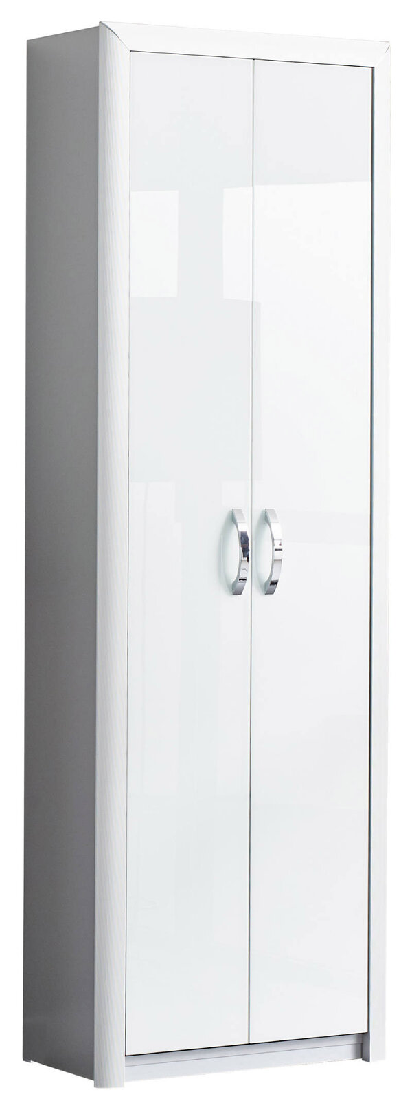 Weißer Garderobenschrank mit zwei Türen und silbernen Griffen, seitliche Perspektive