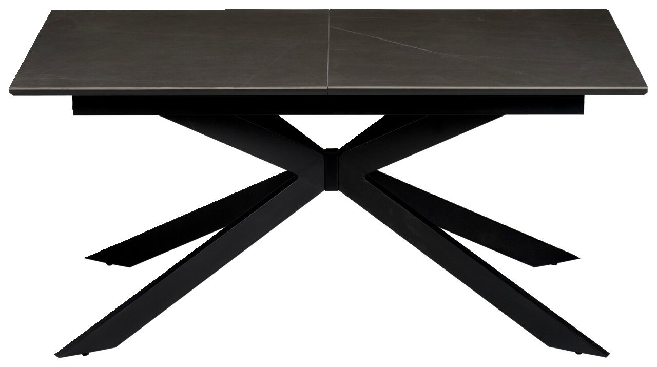 Moderner Esstisch mit schwarzer Tischplatte und X-förmigem Metallgestell, Frontalansicht