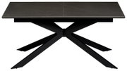 Moderne eettafel met zwart tafelblad en X-vormig metalen onderstel, vooraanzicht
