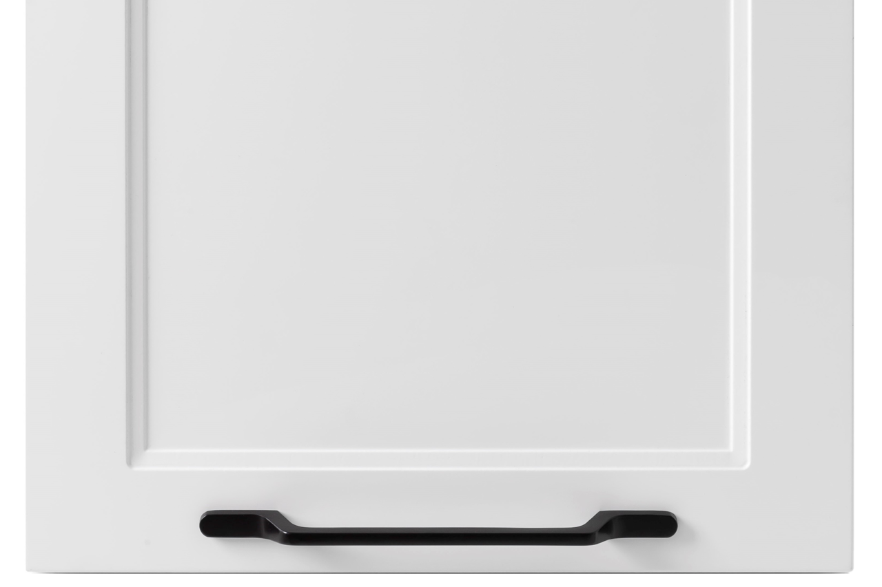 Frontansicht eines weißen Hängeschranks mit schwarzem Griff.