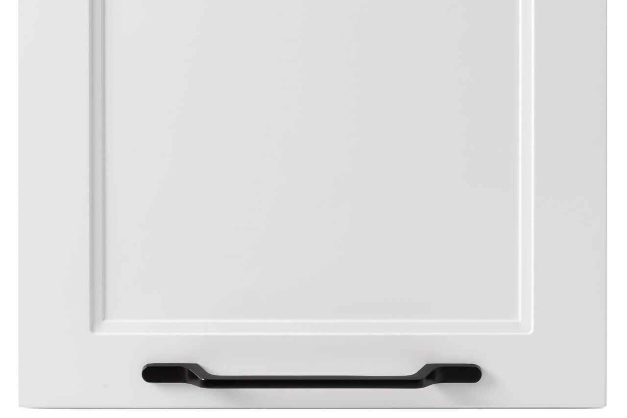 Vooraanzicht van een witte hangkast met een zwarte handgreep.