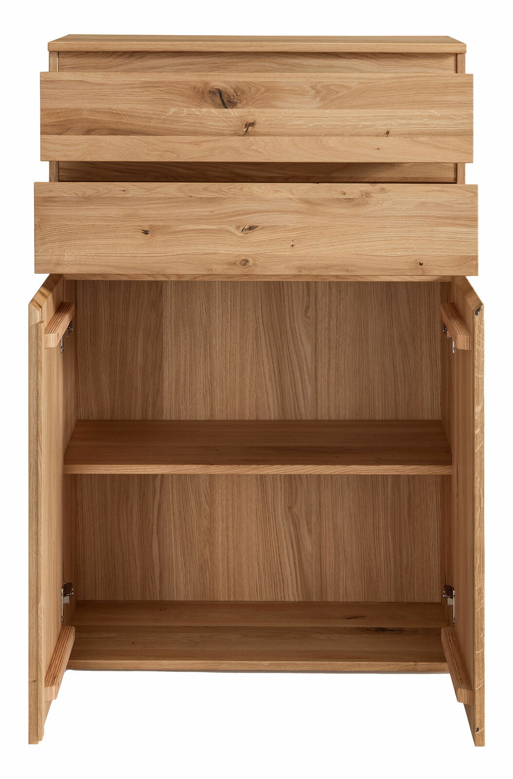 Frontansicht eines Highboards aus Holz mit zwei Schubladen und offenen Türen, die den Innenraum mit einem Regalbrett zeigen.