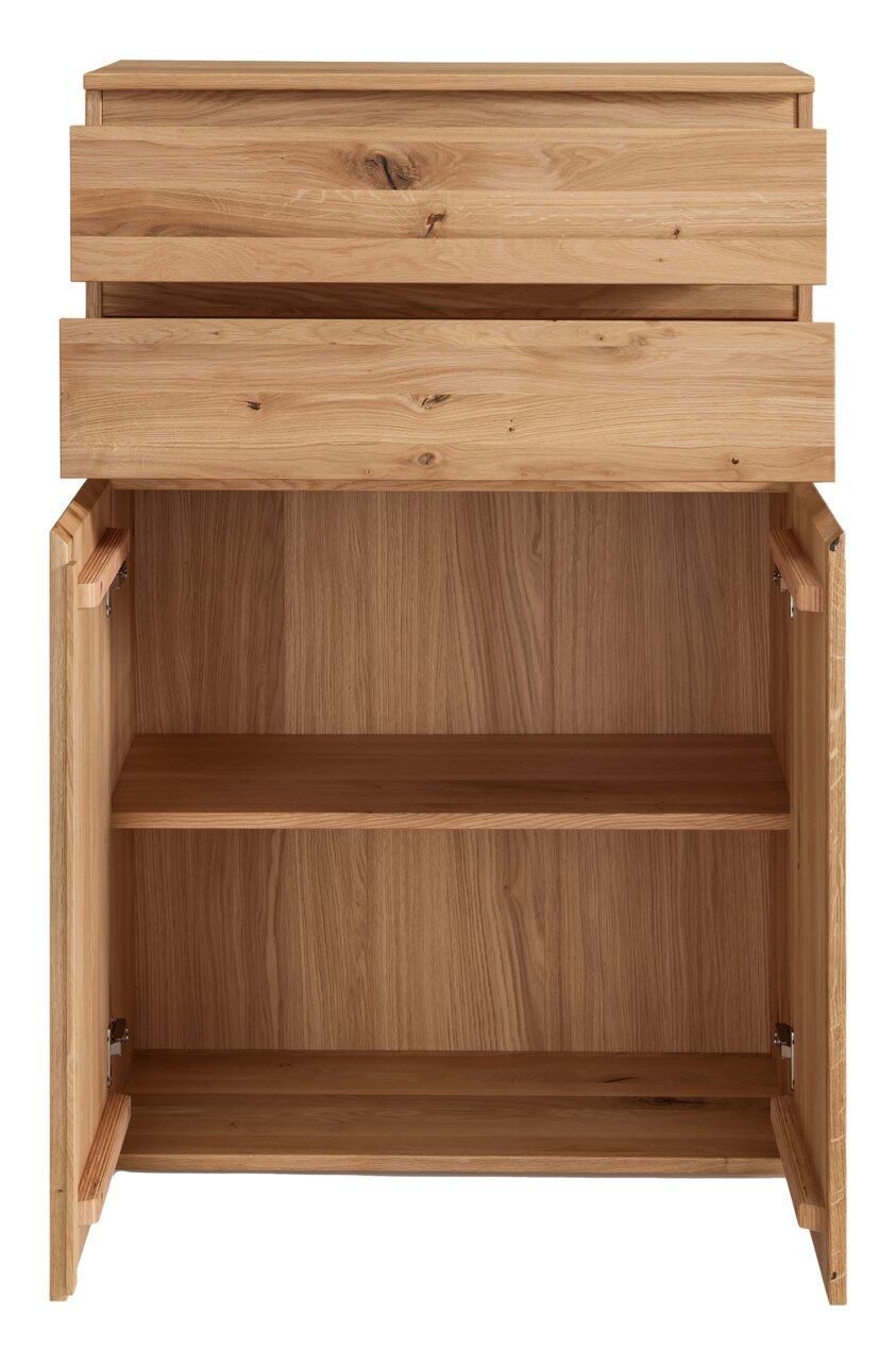 Frontansicht eines Highboards aus Holz mit zwei Schubladen und offenen Türen, die den Innenraum mit einem Regalbrett zeigen.