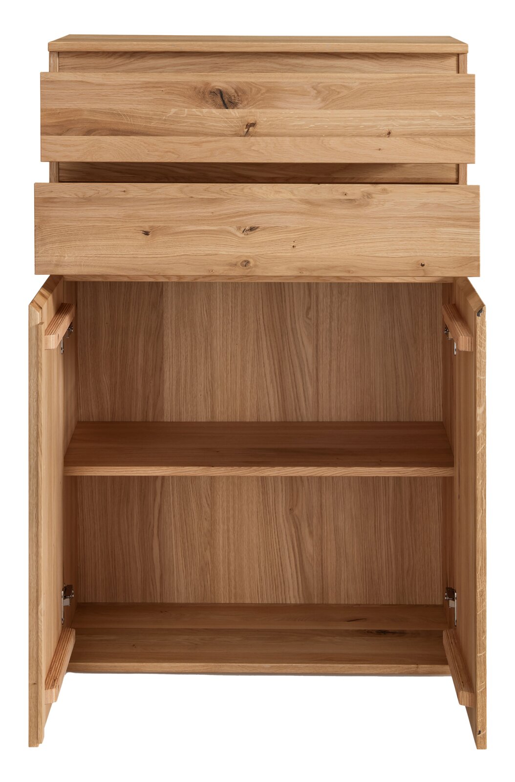 Vooraanzicht van een houten hoogkast met twee lades en open deuren, waardoor de binnenkant met een legplank zichtbaar is.
