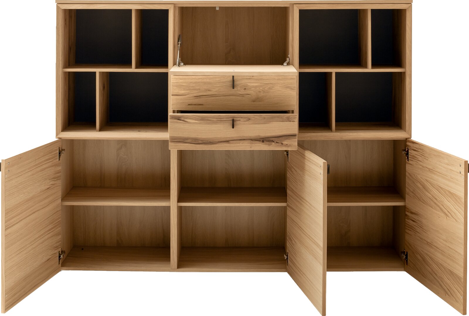 Venjakob Highboard ANDIAMO 3.0 Geöffneter Holzschrank/Highboard in Eichenoptik mit mehreren Fächern, zwei Schubladen und aufgeklapptem oberen Fach, Frontansicht auf weißem Hintergrund