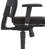 Seitenansicht eines schwarzen Drehstuhls mit Armlehne und verstellbarem Sitzmechanismus.