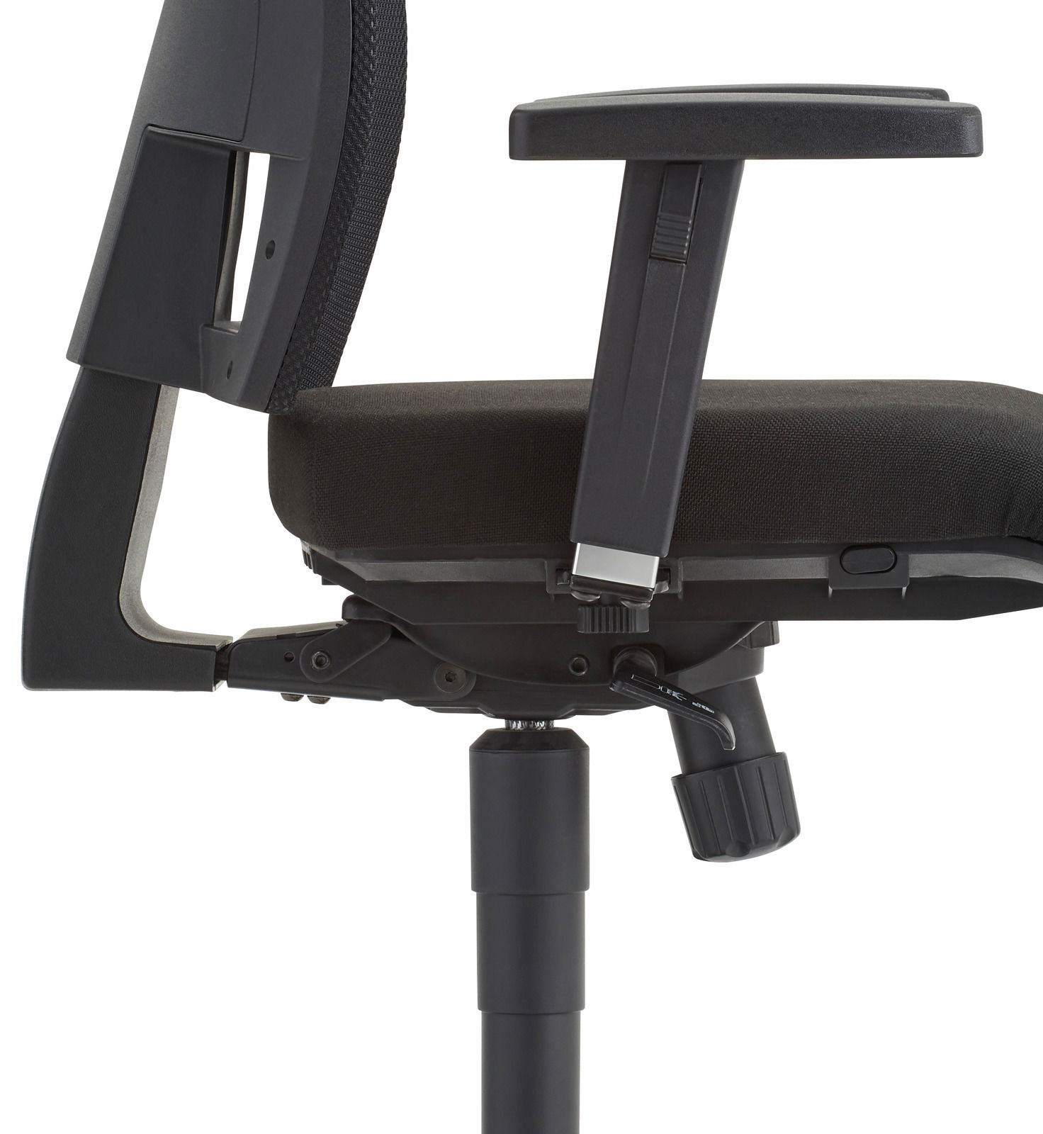 Seitenansicht eines schwarzen Drehstuhls mit Armlehne und verstellbarem Sitzmechanismus.