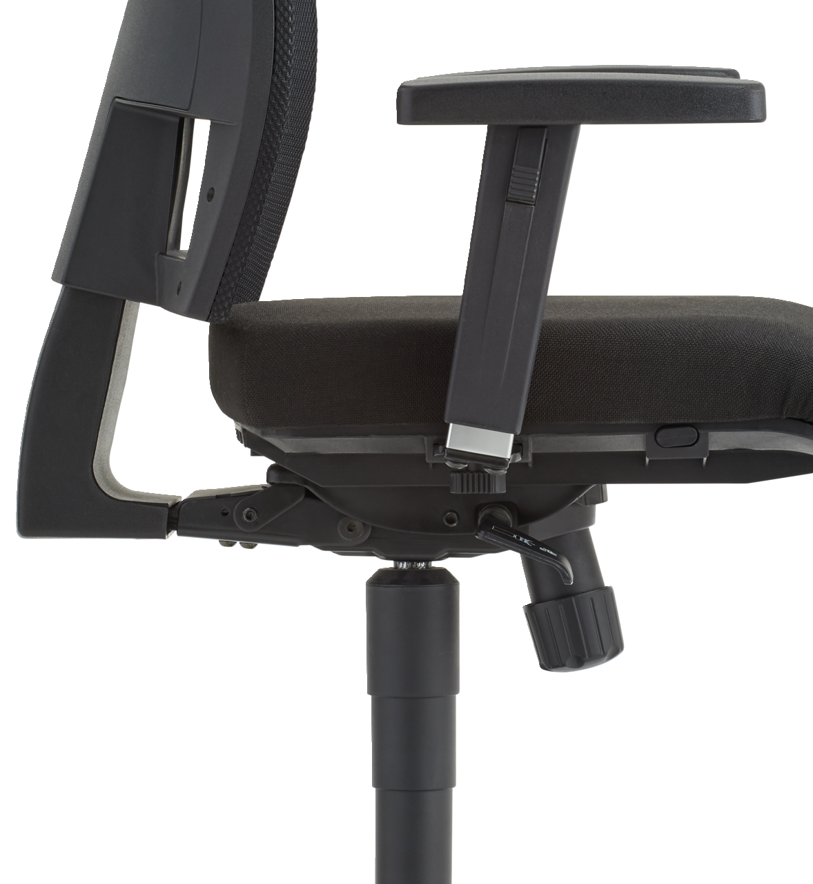 Seitenansicht eines schwarzen Drehstuhls mit Armlehne und verstellbarem Sitzmechanismus.