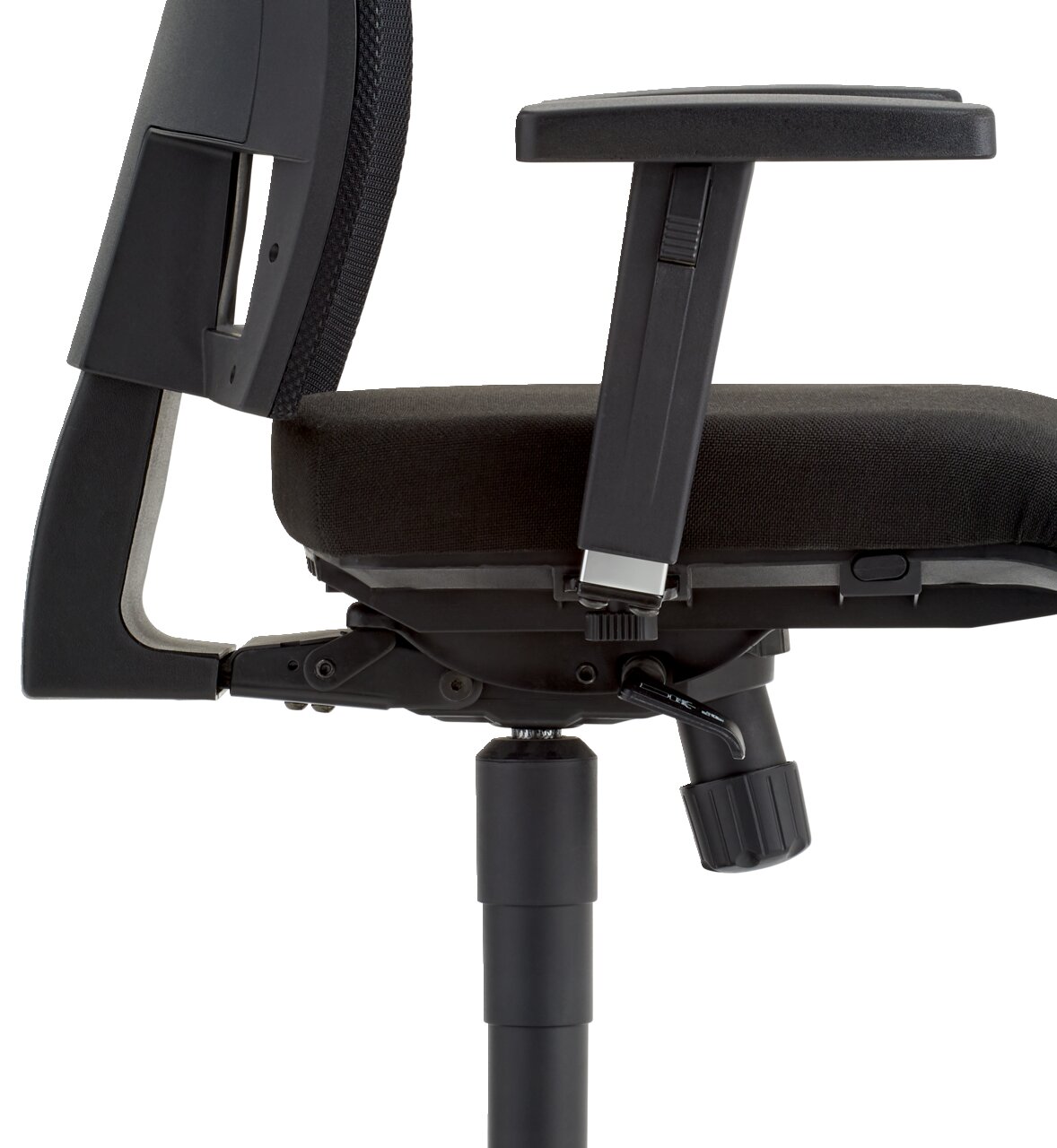 Seitenansicht eines schwarzen Drehstuhls mit Armlehne und verstellbarem Sitzmechanismus.