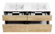 Frontansicht einer Badkombination mit zwei Waschbecken und vier Holzschubladen.