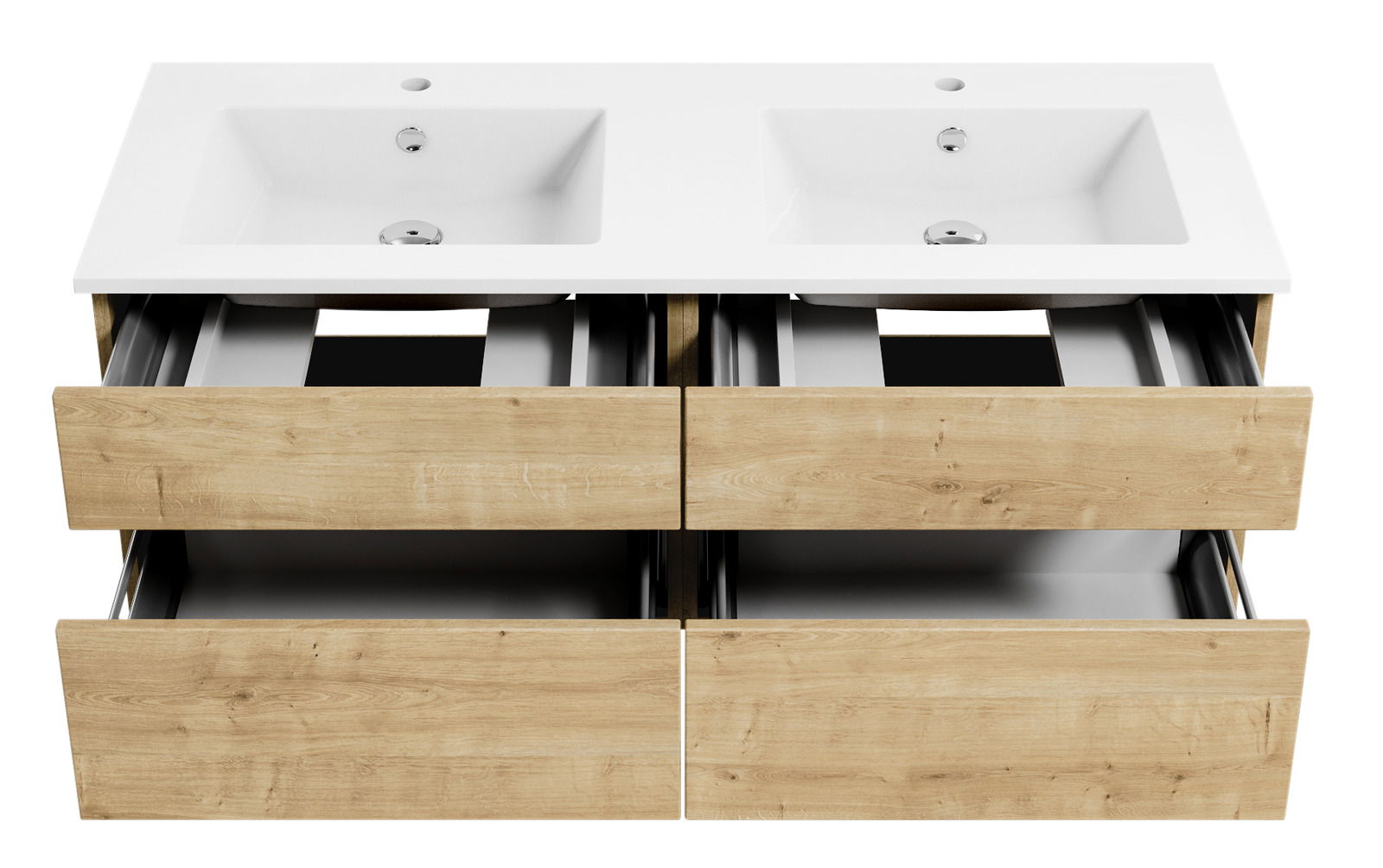 Frontansicht einer Badkombination mit zwei Waschbecken und vier Holzschubladen.