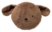 Plüschiges, rundes Dekokissen in Form eines braunen Hundekopfes mit Ohren, frontal abgebildet.