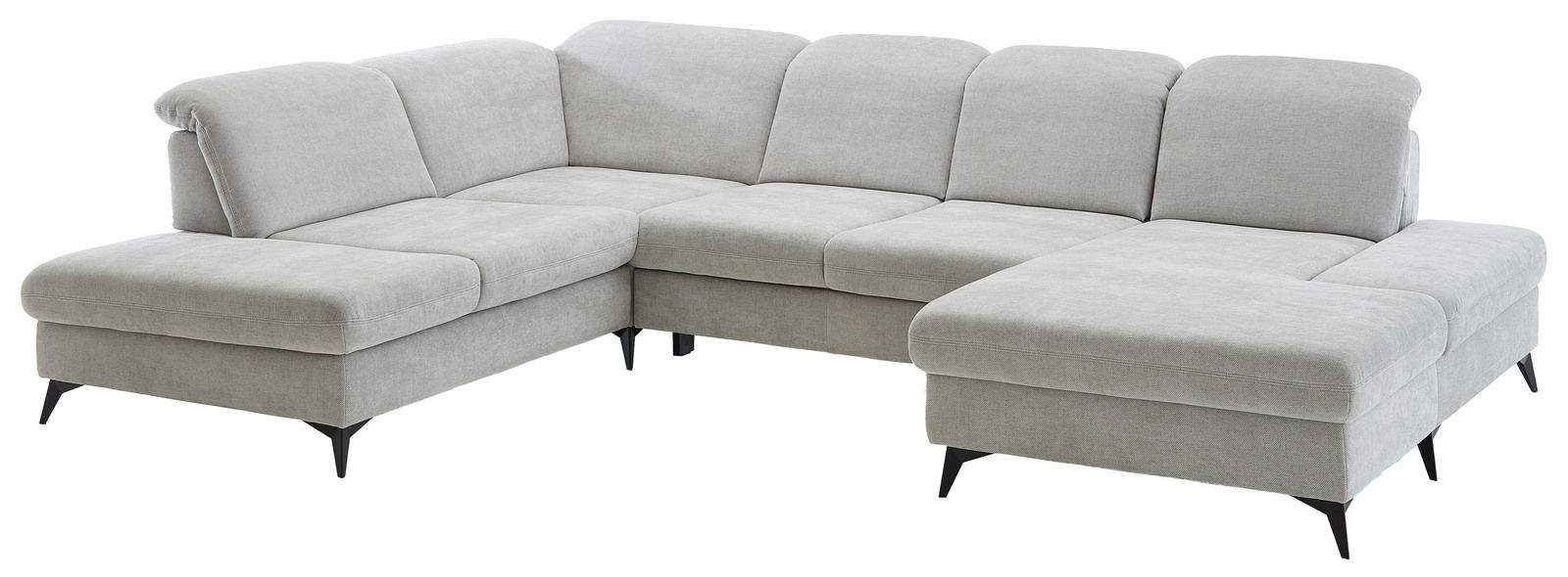 Graue Polsterrundecke in L-Form mit schwarzen Füßen, seitliche Perspektive