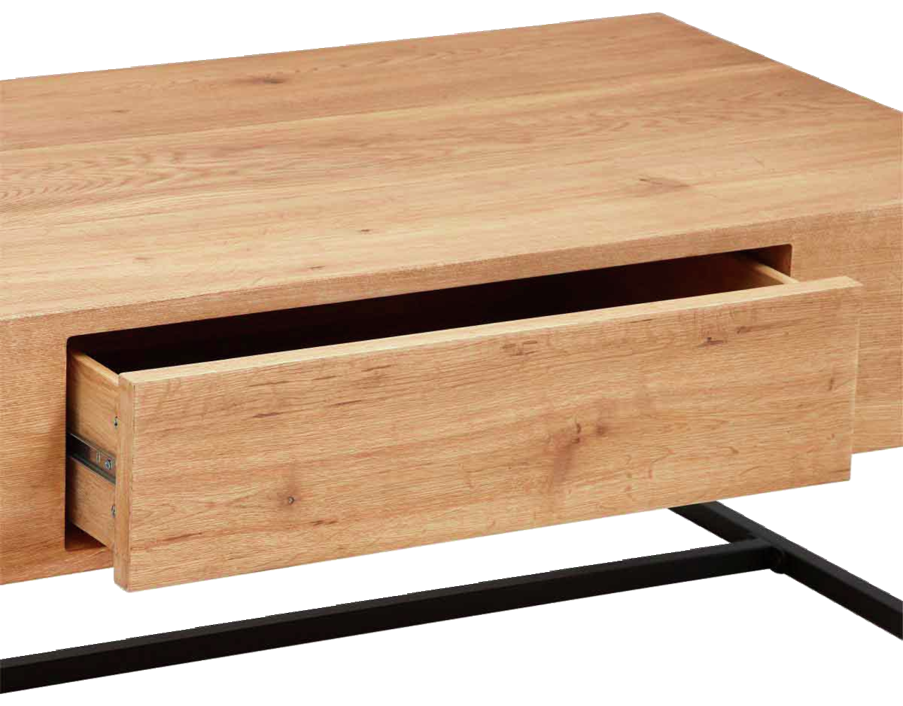 Nahaufnahme eines Couchtisches aus Holz mit einer geöffneten Schublade und einem schwarzen Metallgestell, seitliche Perspektive.