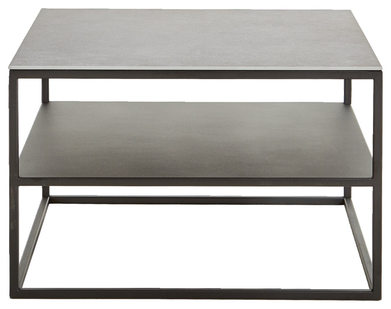 Moderner Beistelltisch aus Metall mit zwei Ebenen, frontal betrachtet.