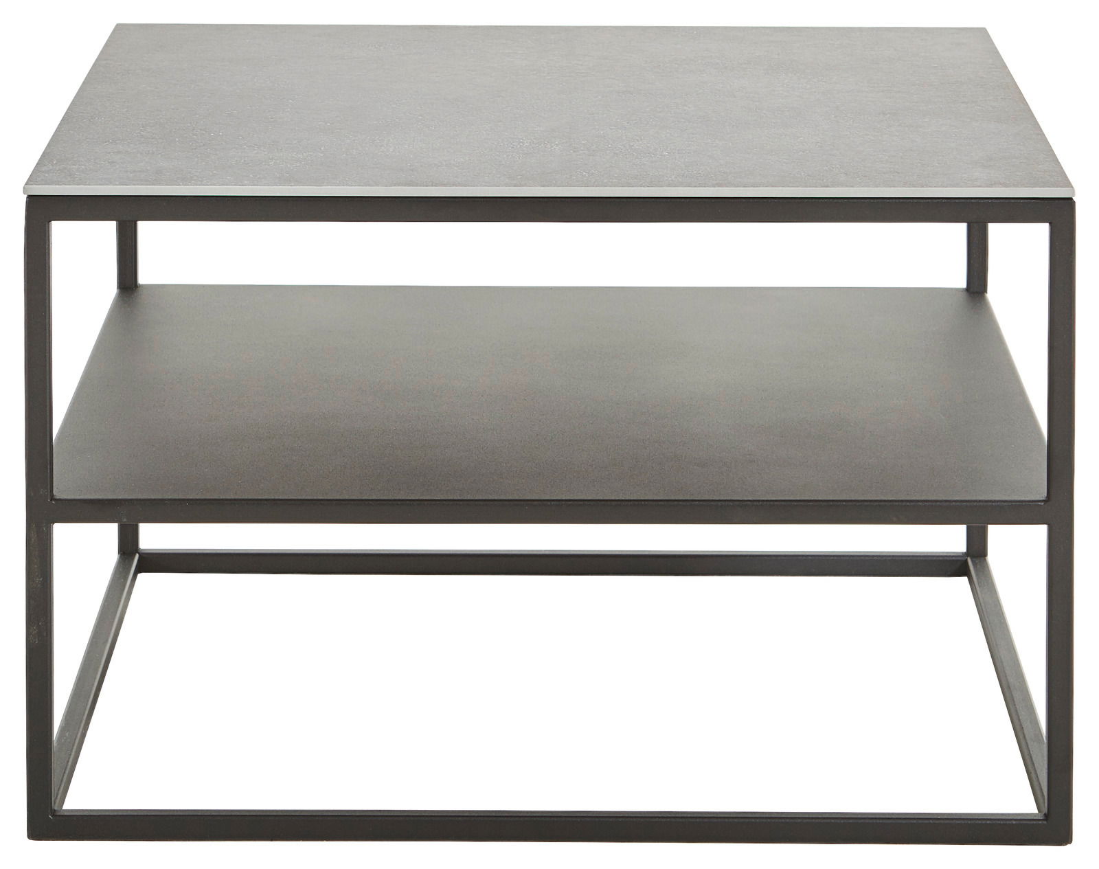 Moderner Beistelltisch aus Metall mit zwei Ebenen, frontal betrachtet.