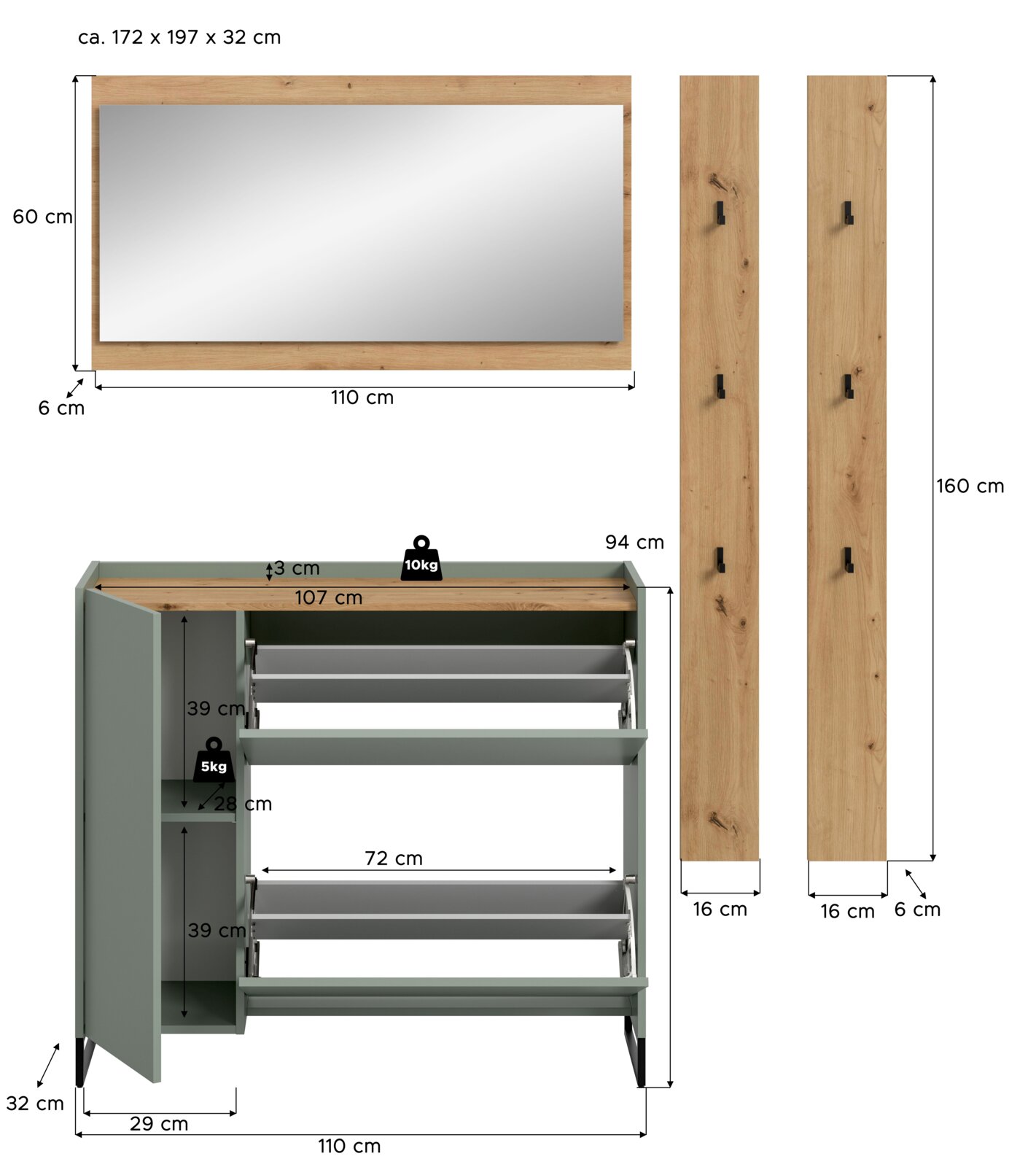 Maßgrafik eines Garderoben-Sets: Wandspiegel mit Holzrahmen (ca. 110 x 60 cm) in Frontansicht, zwei Holzpaneele mit Haken (je ca. 160 x 16 cm) in Frontalansicht sowie Schuhschrank in Frontansicht (ca. 110 x 94 x 32 cm) in Grün mit Holzablage und Klapptüre