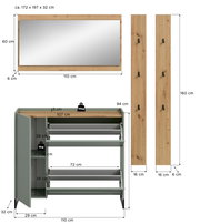 Maßgrafik eines Garderoben-Sets: Wandspiegel mit Holzrahmen (ca. 110 x 60 cm) in Frontansicht, zwei Holzpaneele mit Haken (je ca. 160 x 16 cm) in Frontalansicht sowie Schuhschrank in Frontansicht (ca. 110 x 94 x 32 cm) in Grün mit Holzablage und Klapptüre