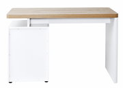 Moderner Schreibtisch mit Holzplatte und weißem Gestell, seitliche Perspektive