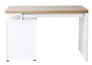 Moderner Schreibtisch mit Holzplatte und weißem Gestell, seitliche Perspektive