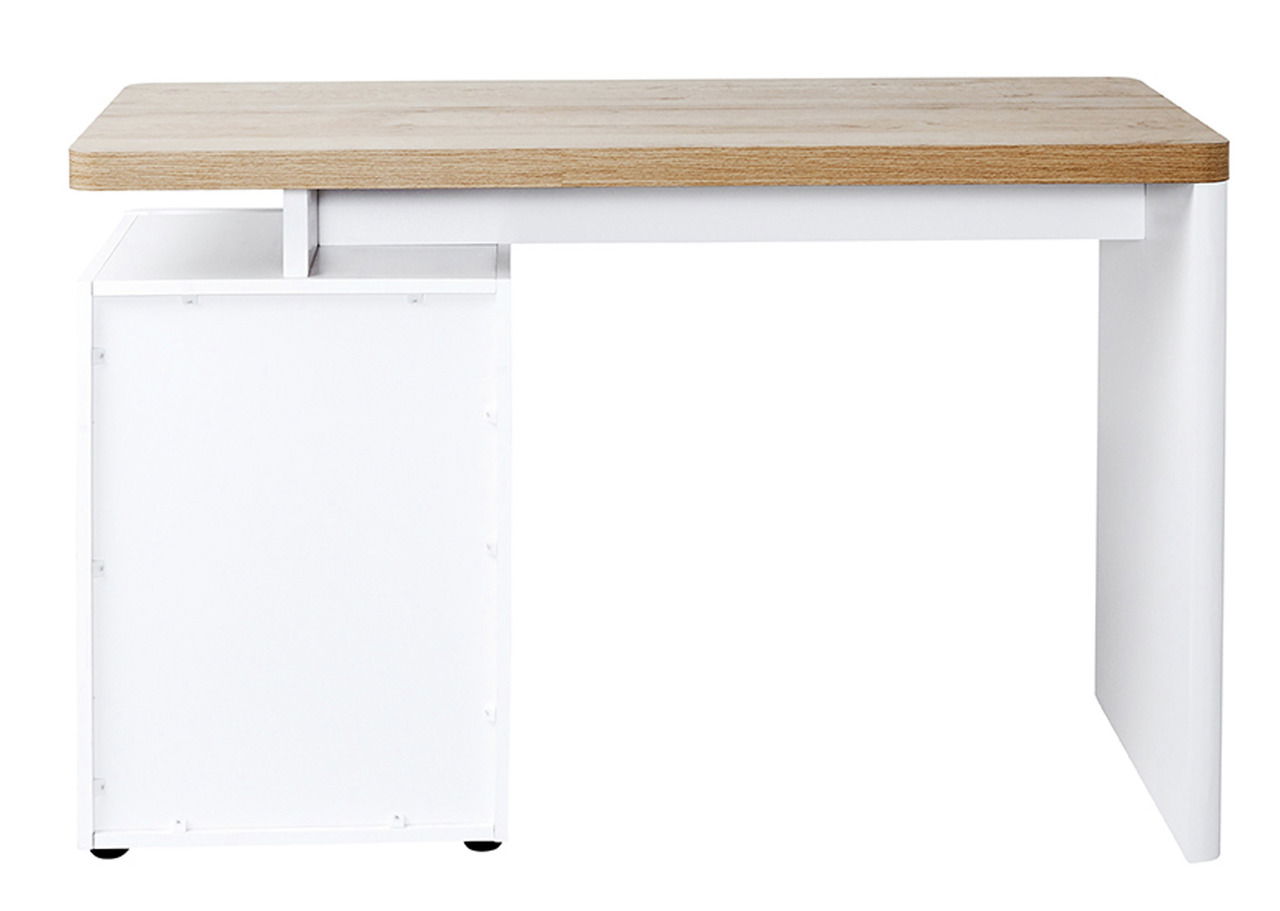 Moderner Schreibtisch mit Holzplatte und weißem Gestell, seitliche Perspektive