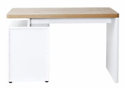 Moderner Schreibtisch mit Holzplatte und weißem Gestell, seitliche Perspektive