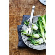 Universalzange NUOVA aus Edelstahl, auf einem Teller mit frischem Gemüse, von oben fotografiert.