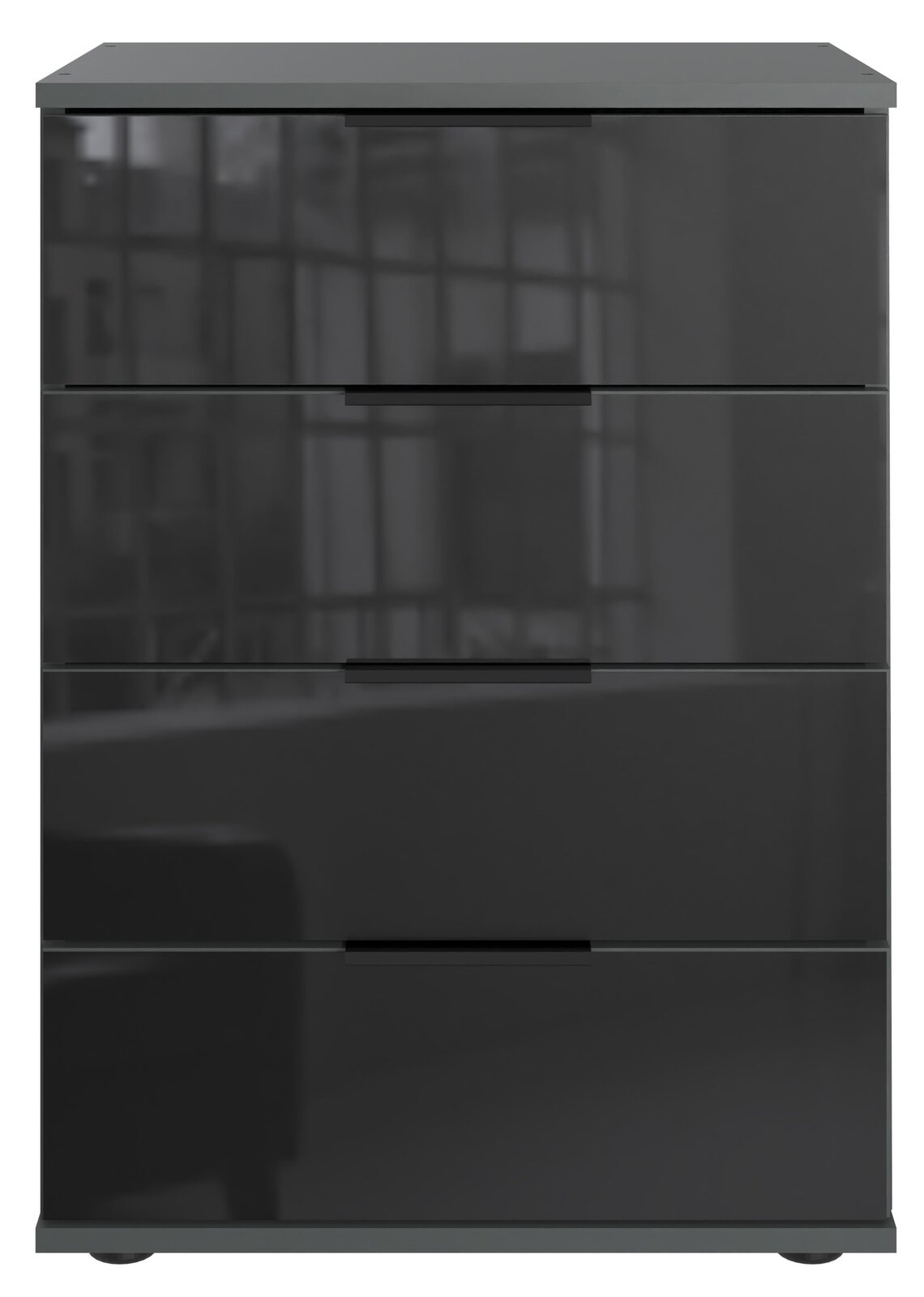 Moderne Nachtkommode mit vier Schubladen in Hochglanzoptik, Frontalansicht