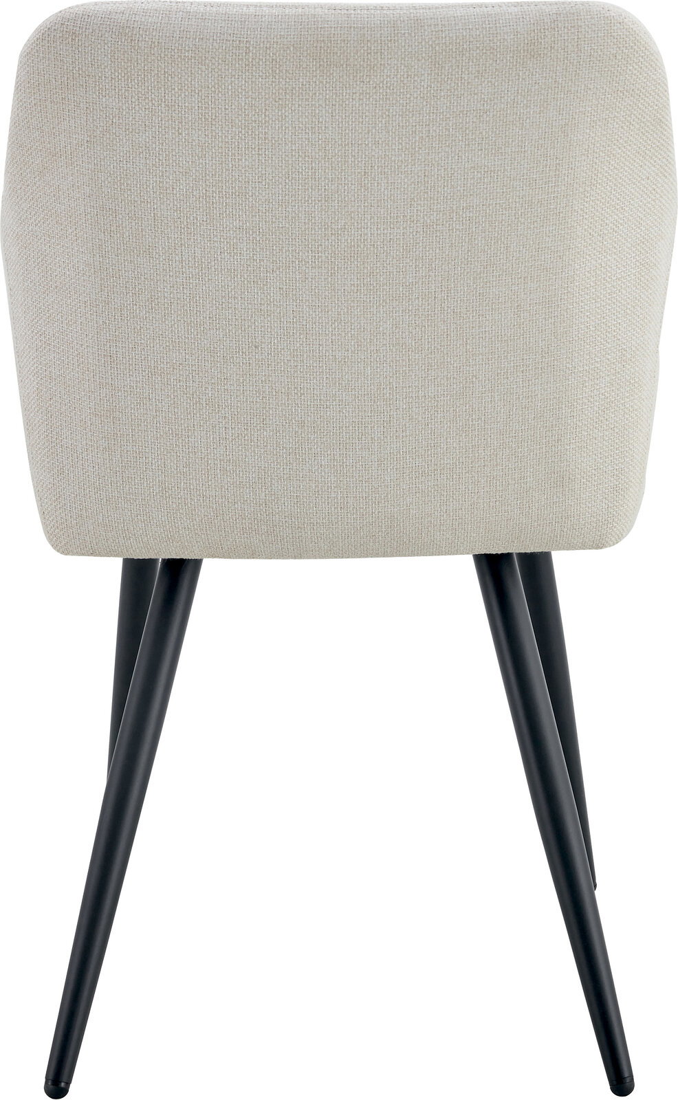 Beiger, gepolsterter Stuhl mit Stoffbezug und schwarzen, schräg stehenden Metallbeinen, Rückansicht vor weißem Hintergrund