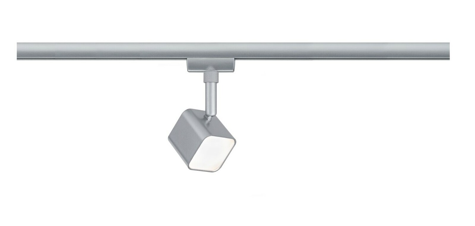 Silberner Schienenspot Muri, seitliche Perspektive, montiert an einer Schiene