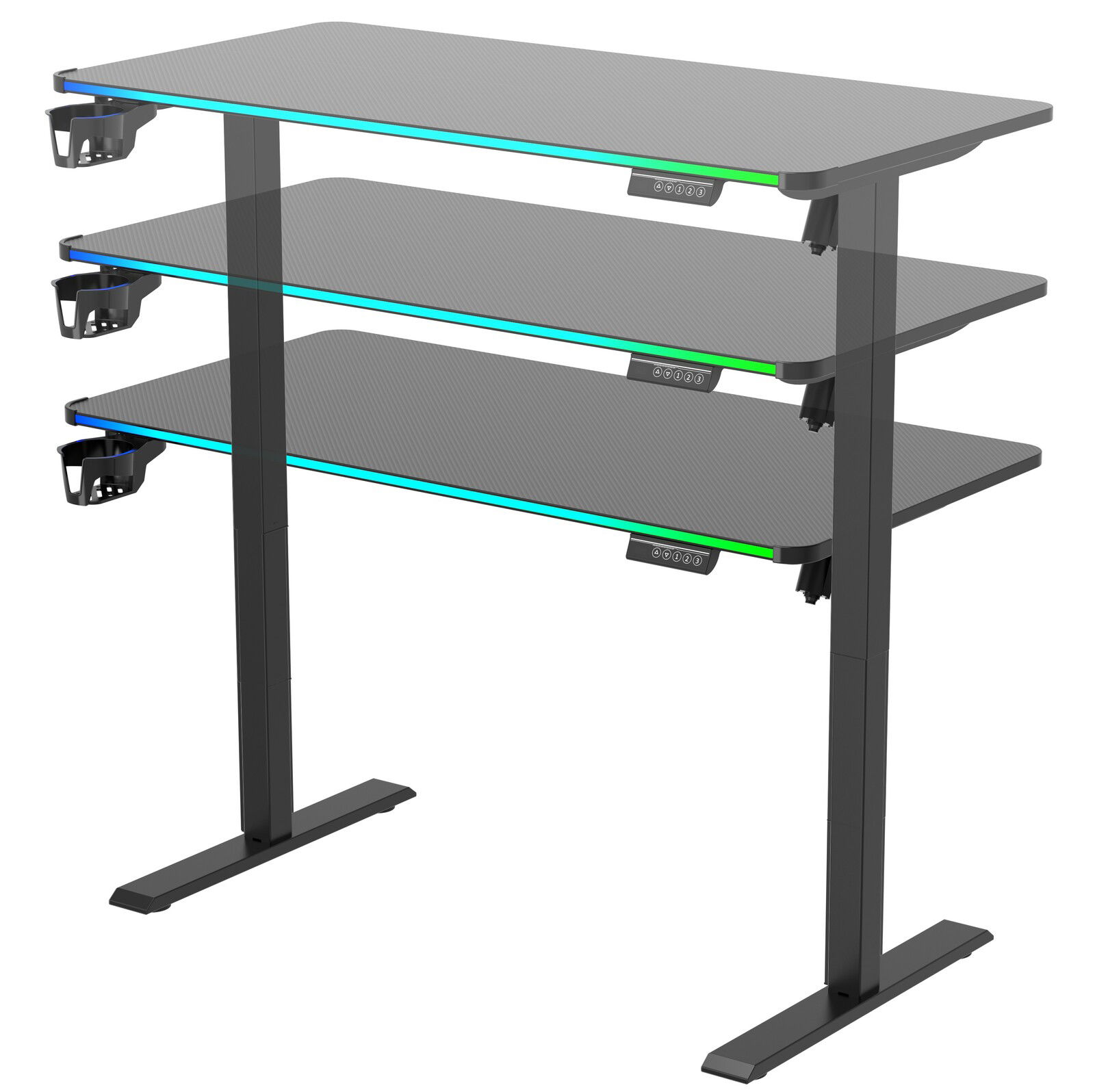 Höhenverstellbarer E-Gaming Tisch mit RGB-Beleuchtung, seitlicher Perspektive
