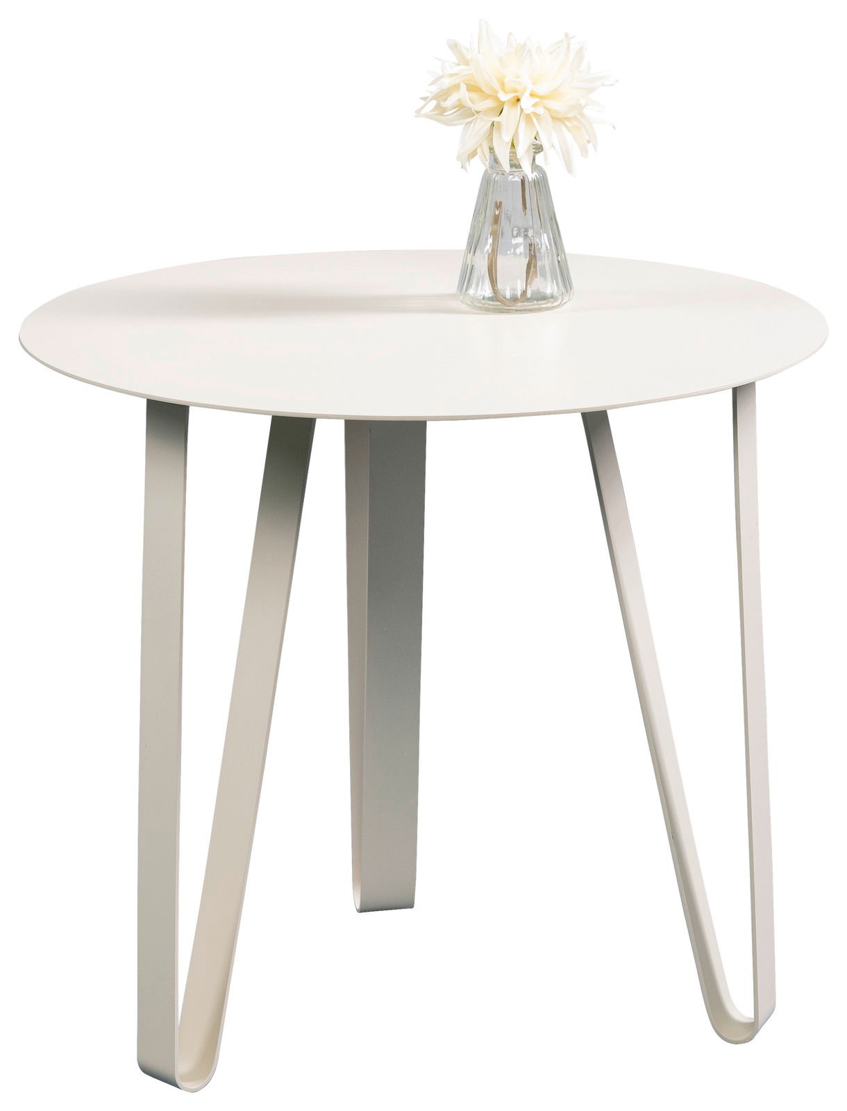 XORA Beistelltisch EMIL Moderner weißer Beistelltisch mit runder Tischplatte und geschwungenen Metallbeinen, darauf steht eine Vase mit weißen Blumen, seitliche Perspektive