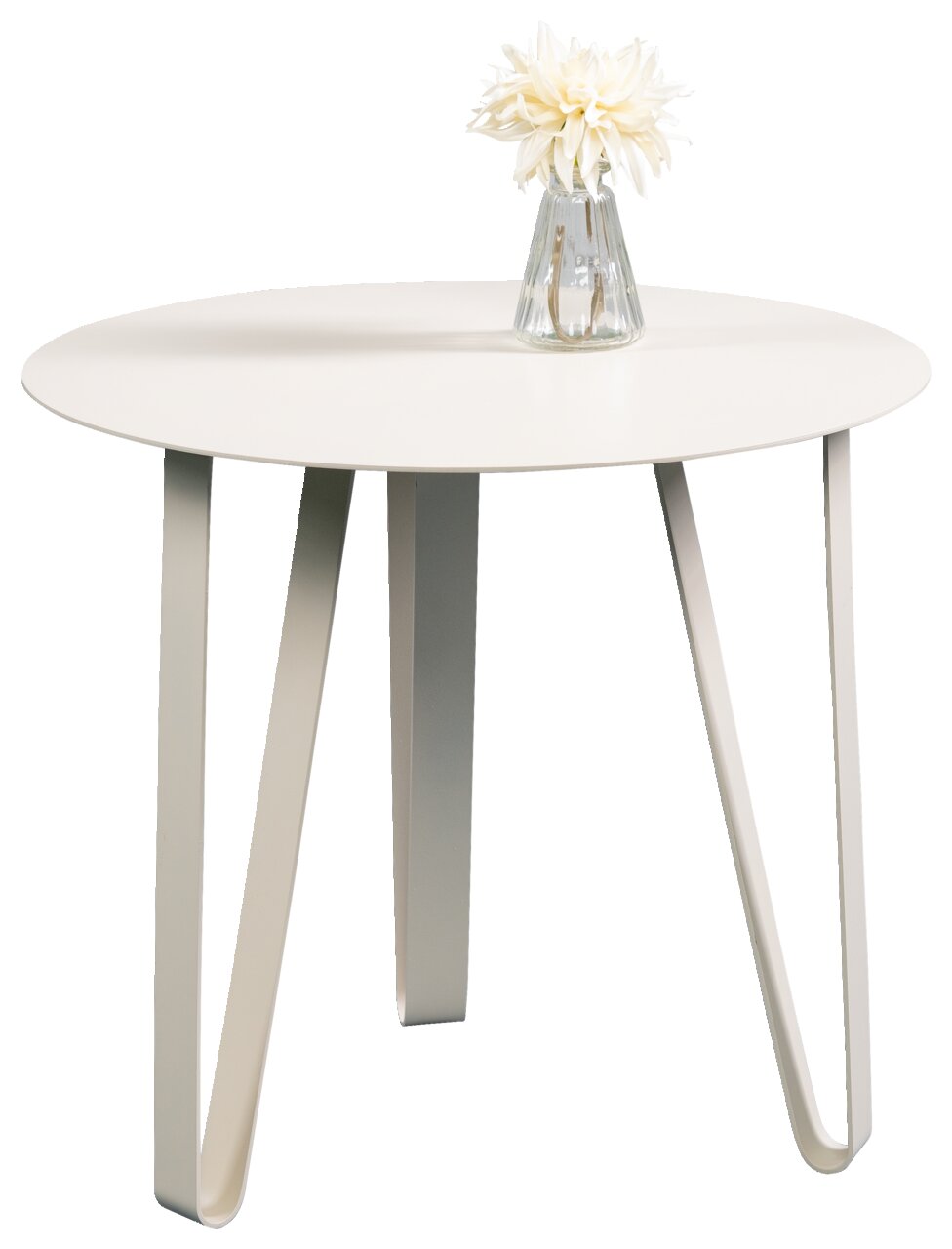Moderner weißer Beistelltisch mit runder Tischplatte und geschwungenen Metallbeinen, darauf steht eine Vase mit weißen Blumen, seitliche Perspektive
