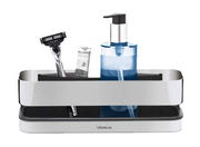 Duschkorb Nexio poliert, frontal abgebildet mit Rasierer, Zahnpasta und Seifenspender.