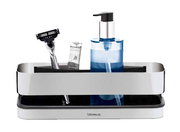 Duschkorb Nexio poliert, frontal abgebildet mit Rasierer, Zahnpasta und Seifenspender.