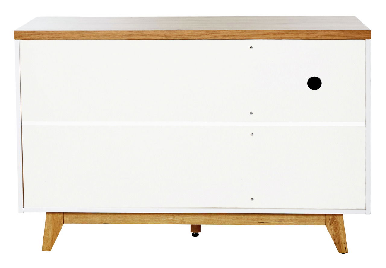 Moderne Kommode mit weißer Front und Holzdetails, frontal betrachtet