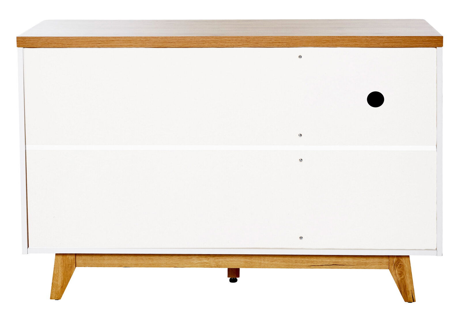 Moderne Kommode mit weißer Front und Holzdetails, frontal betrachtet