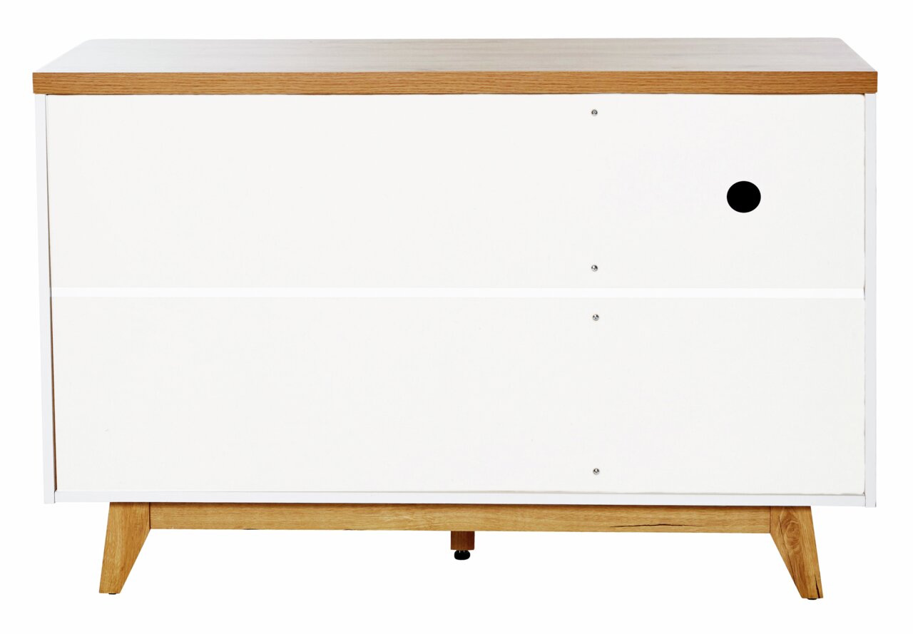 Moderne Kommode mit weißer Front und Holzdetails, frontal betrachtet