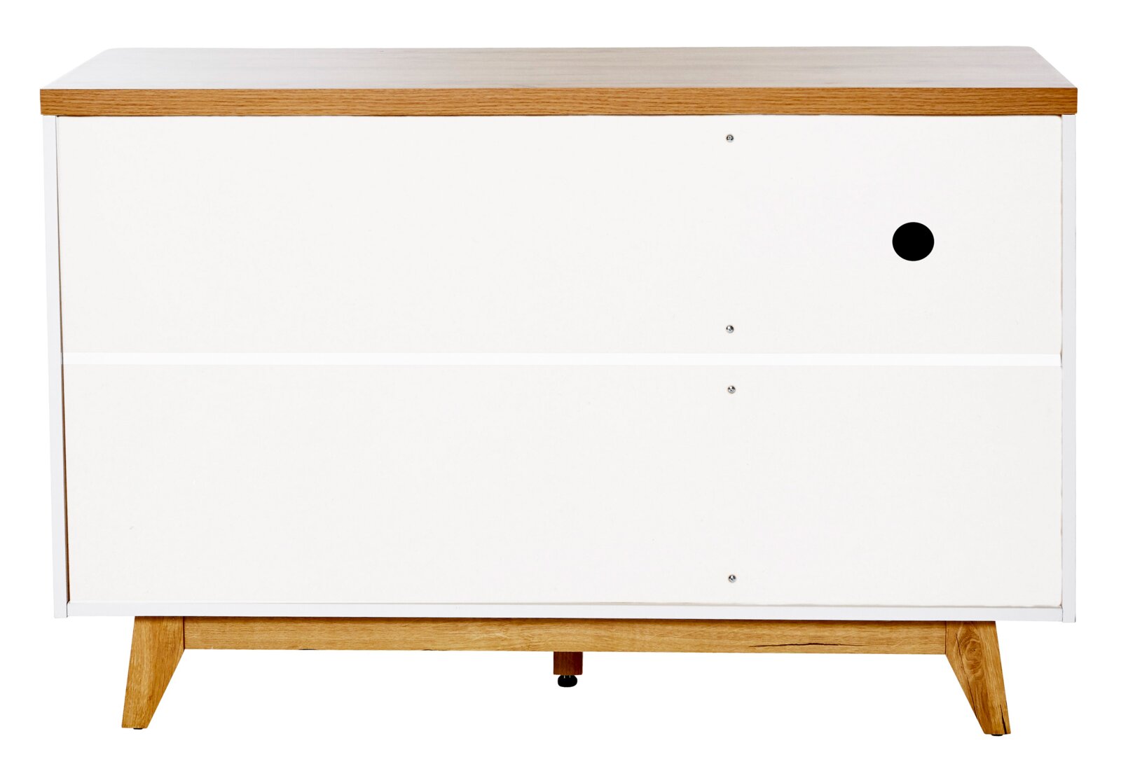 Moderne Kommode mit weißer Front und Holzdetails, frontal betrachtet