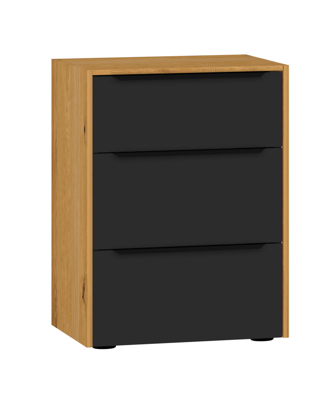 Moderne Nachtkommode mit drei Schubladen in Holzoptik und schwarzer Front, seitliche Perspektive